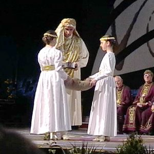 Handmaidens carry the crown on a cushion