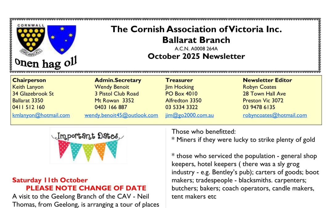 The Cornish Association of Victoria Inc. Ballarat Branch October 2025 Newsletter